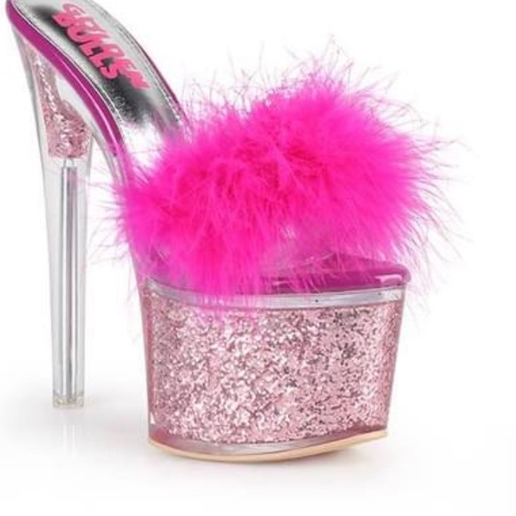 Make Offer! Golden RuPaull Black Feather Glitter Platform Stiletto Heels - Picture 4 of 5